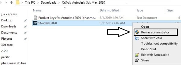 chạy file crack autodesk 3ds max 2020