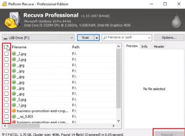recovery file với recuva windows
